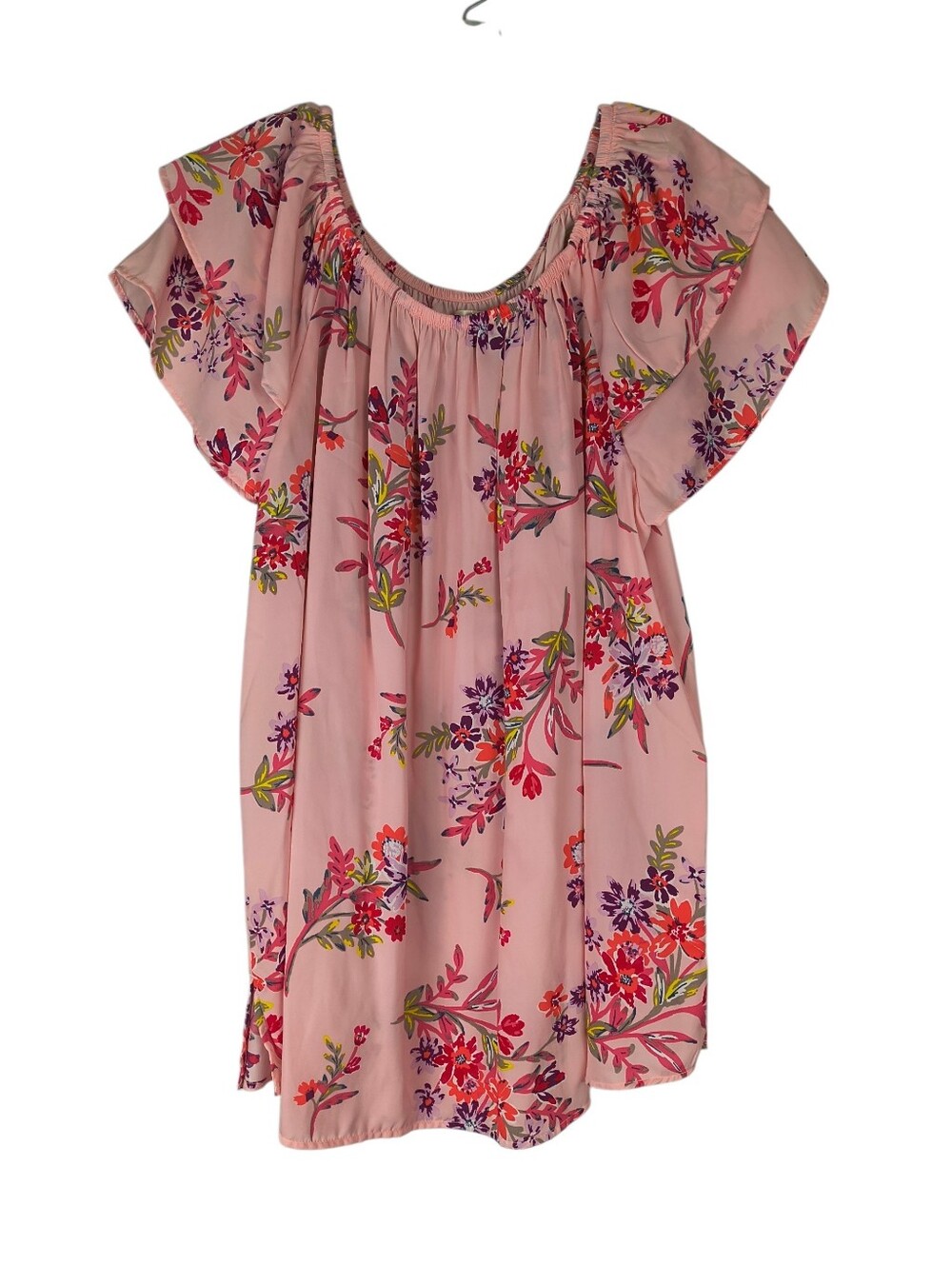 Terra & Sky Top Women's 1X Pink Purple On Off Shoulder Peasant Floral Ruffle